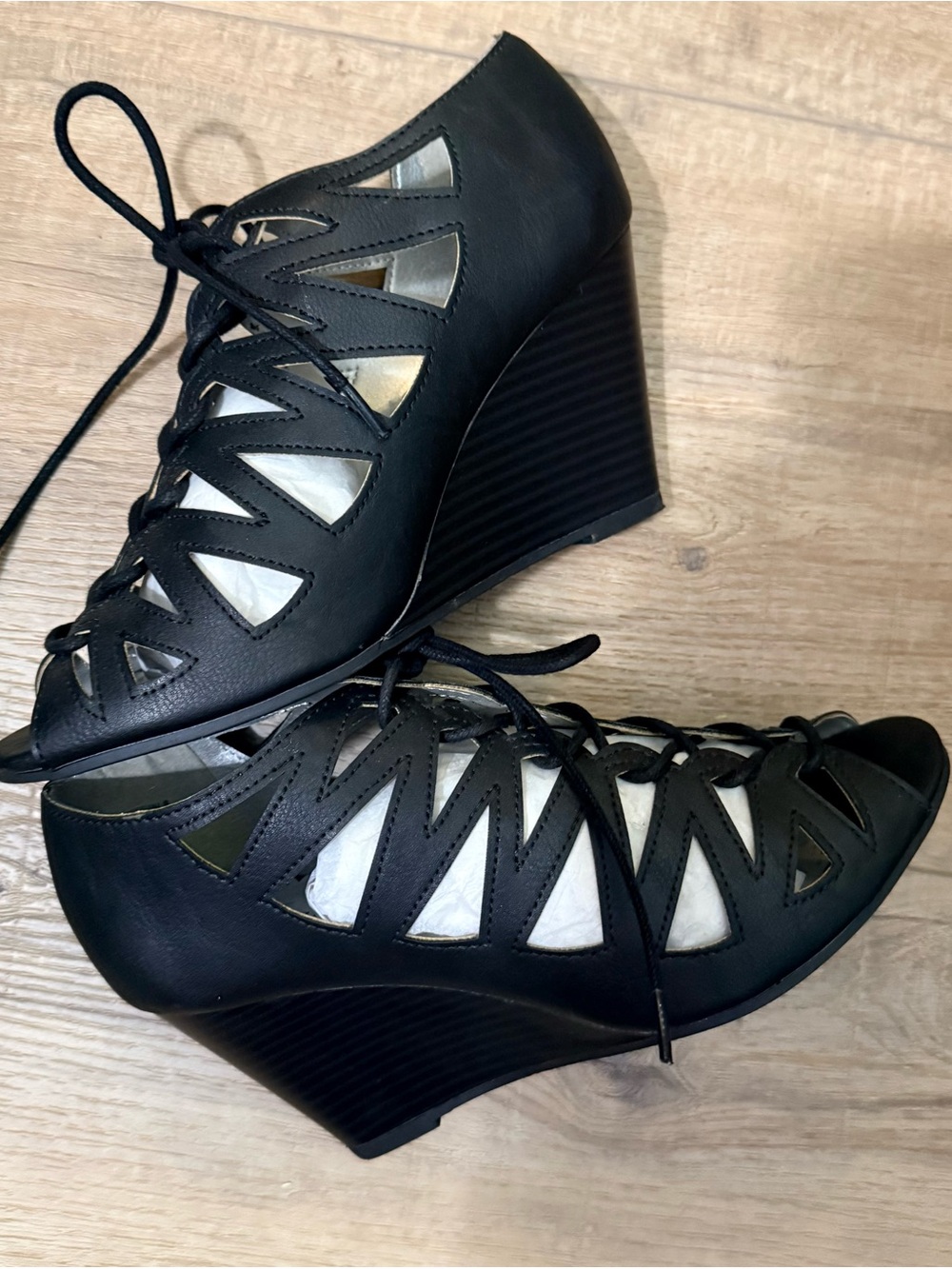 Rampage KAYLOR Black Lace-Up Wedge Heels Sz. 7 NWOT
